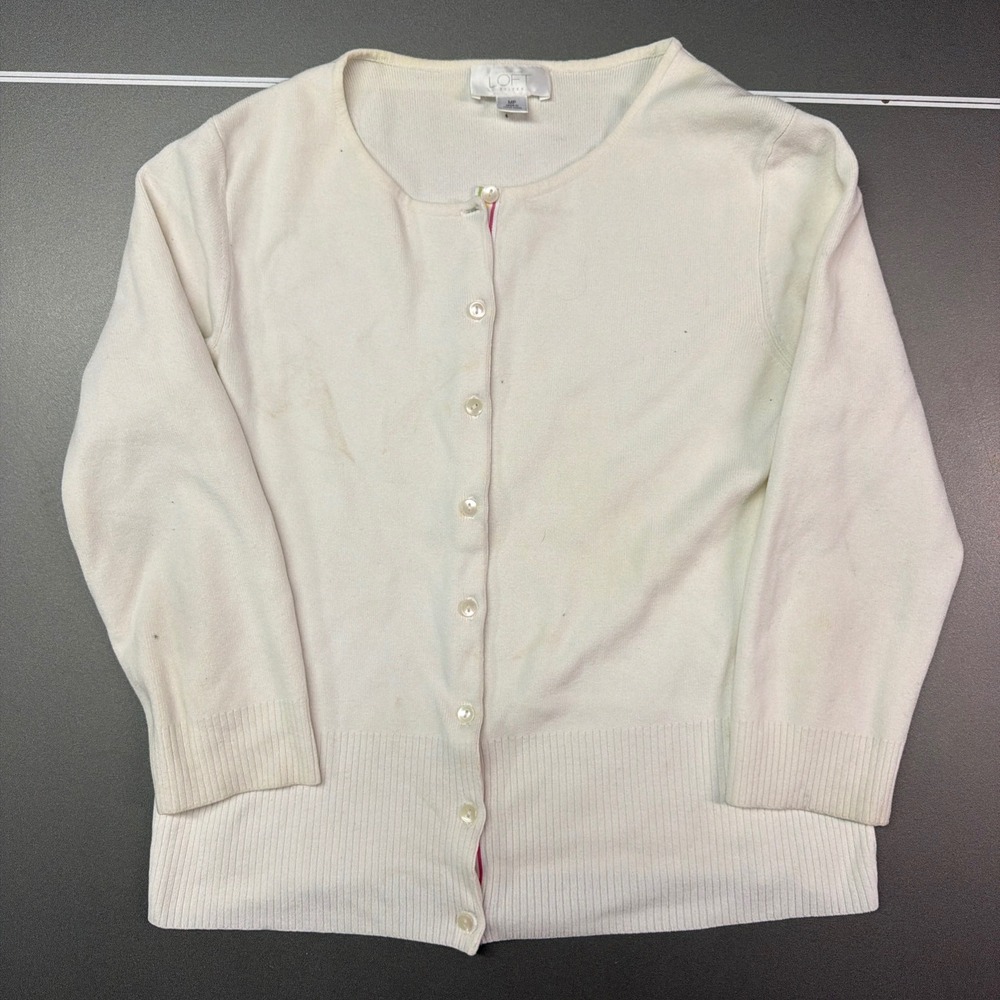 Ann Taylor Loft Petites Cardigan Sweater Cream White 3/4 Sleeve Size MP